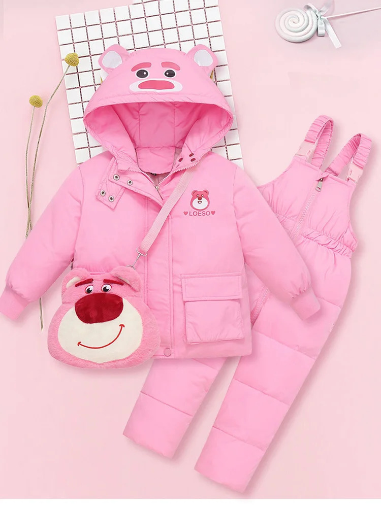 Winter Children Girl 2PCS Snowsuit Set Cartoon Bear Hooded Down Jacket Solid Jumpsuit For Girls Toddler Girl Overalls Suit 241106