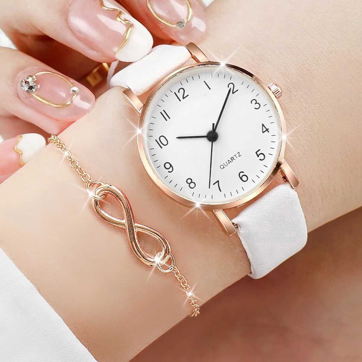 4-piece/set warm fashion leather simple quartz watch suitable for women with bracelet set X241106