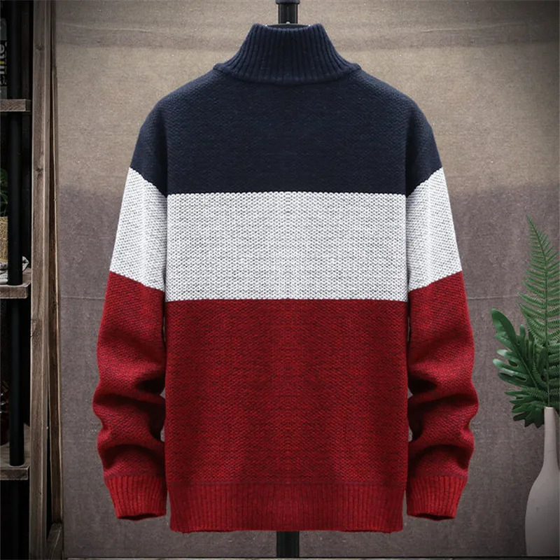 2024 Winter Men Sweater Knit Cardigan Fashion Patchwork Stand Collar Mens Slim Casual Zipper Knitted Thick Warm Sweatercoat Man 241106