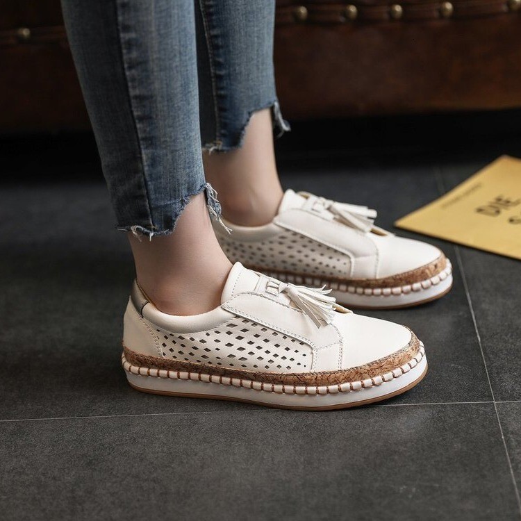 Large size new casual single shoes women's shoes hollow out one foot pedal tassel low cut daily round toe lazy shoes
