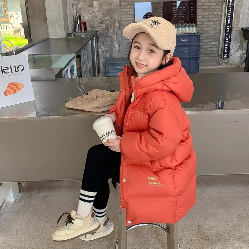 Winter 110-170cm girl long thick warm long park with pocket childrens hooded jacket two tone 241106