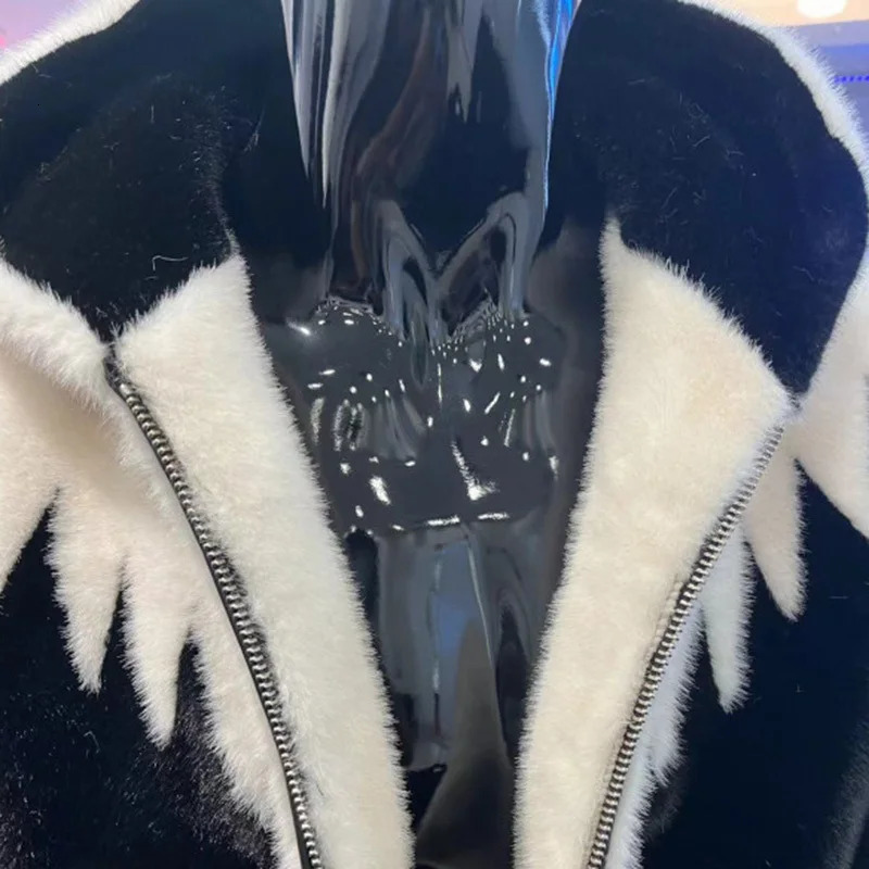 PFHQ Winter Mink Fur Hooded Mens Coat One-piece Casual Jacket Warm 2024 Contrast Color Long Sleeve Male Tops 241106