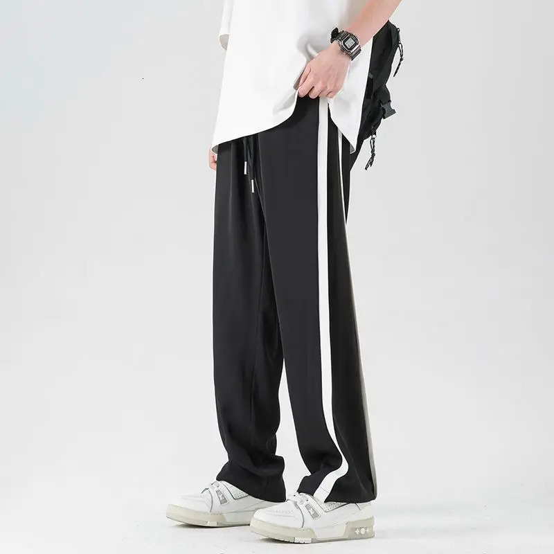 Trousers Striped Male Sports Pants Black Straight Mens Sweatpants Loose Long Athletic Y2k Baggy Elastic Sport Essential Retro 241104