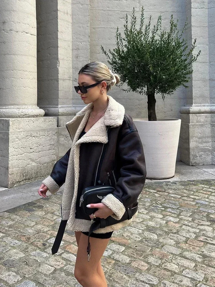 Suninheart Fashion Winter Warm Faux Fur Jacket Women Long Sleeve Moto Biker Zipper Jackets Coat Female Autumn Casual Lapel coat 241106