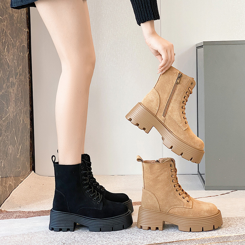 Martin Women's 2024 Autumn/Winter New Thick Sole Genuine Short British Reverse Fleece Leather Fashion Versatile Motorcycle Boots