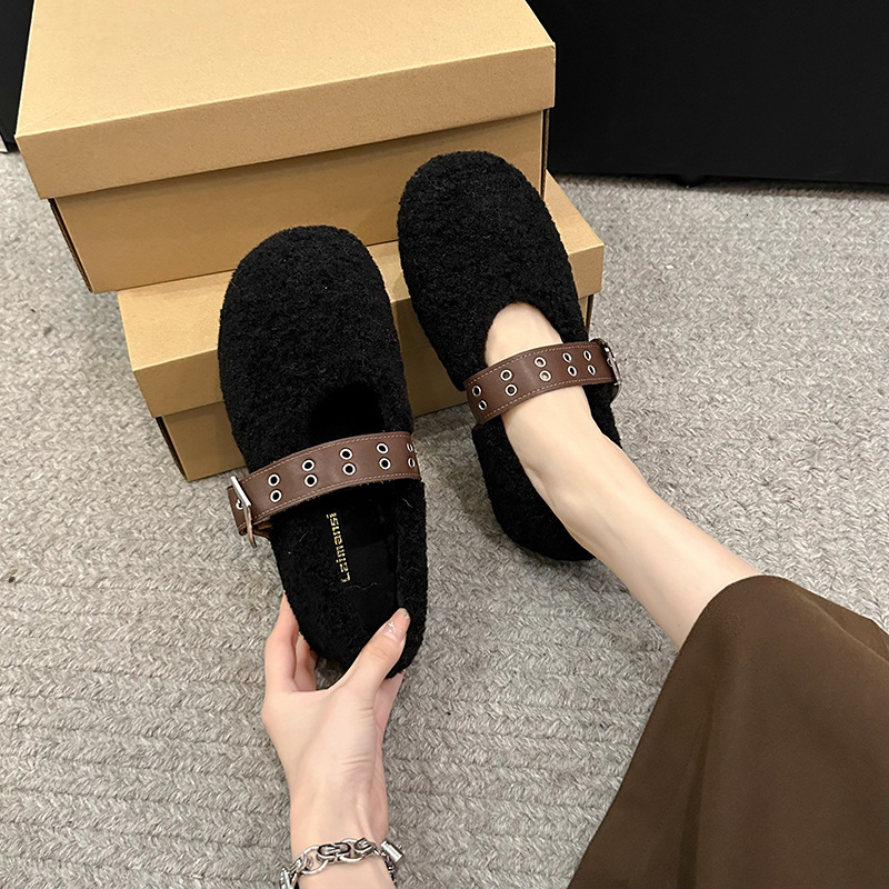 2024 Autumn/Winter New Lamb Wool Bean Women's Shoes with Velvet Warm Flat Fury Shoes Fashion Strap Single Shoes for Women