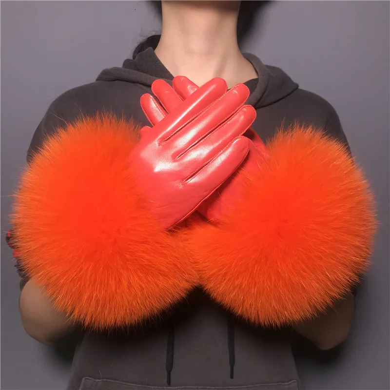 JxWatcher Wholesale Fox Fur Gloves Winter Womens Style Warm Sheepskin Leather Gloves Driving Thick Gloves 241106