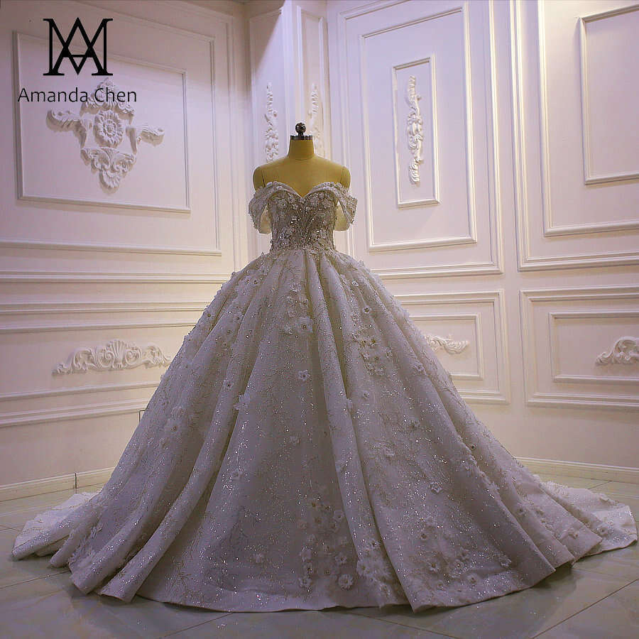 Customized vestido novia civil Off Shoulder Lace Appliqued 3D wers Wedding Dress
