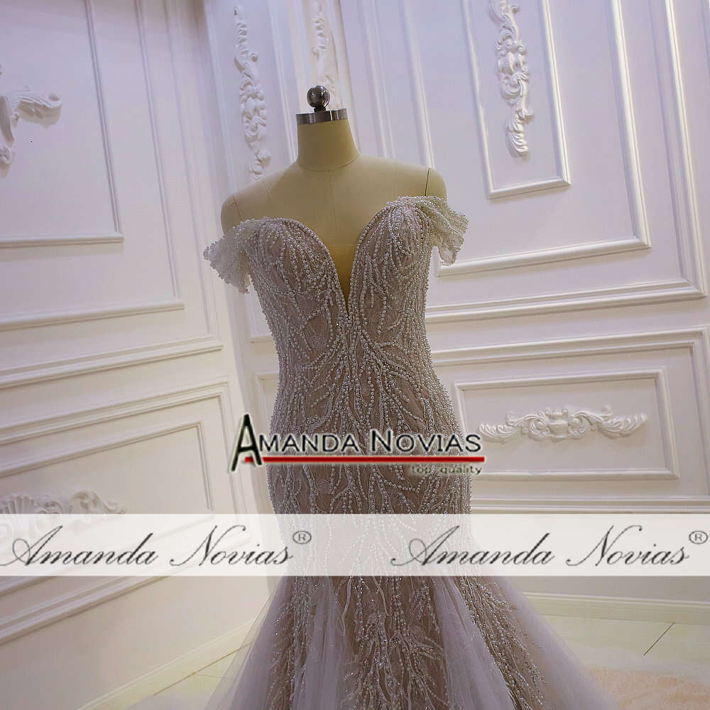 Champagne Off The Shoulder Full Pearls Lace Mermaid Wedding Dress
