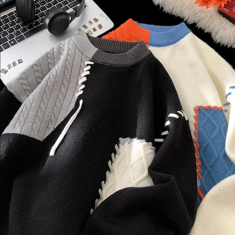 2024 Autumn Winter Warm Sweaters Patchwork Pullovers Korean Style Round Neck Knitted Sweater Men Women Fashion Knitwear 241106