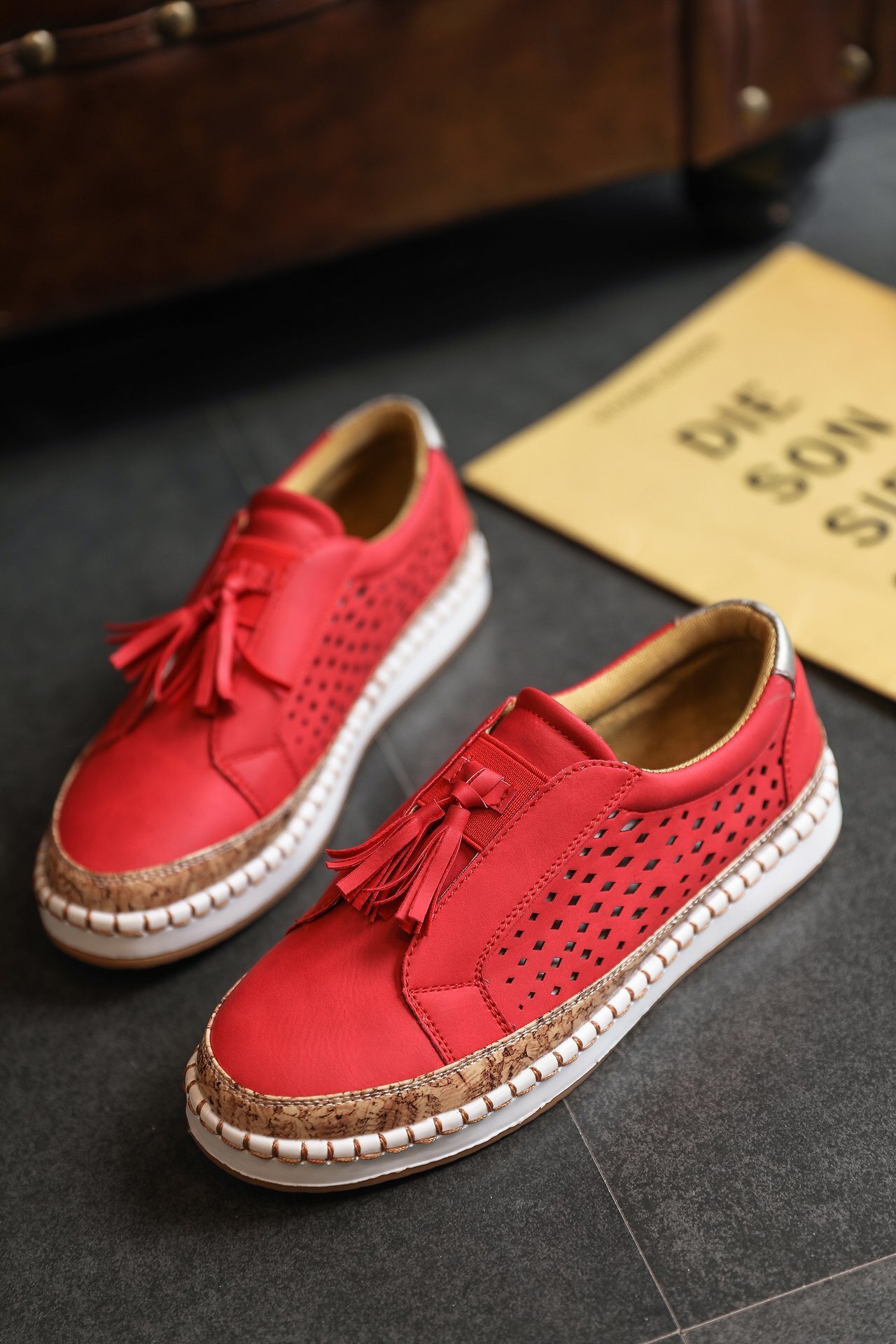 Large size new casual single shoes women's shoes hollow out one foot pedal tassel low cut daily round toe lazy shoes