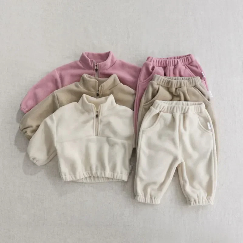 Winter Baby Clothes Sets Girls Boys CoatsPants 2Pcs Sports Suits Solid Color Thicken Fleece Warm Toddler Casual Tracksuit 241106