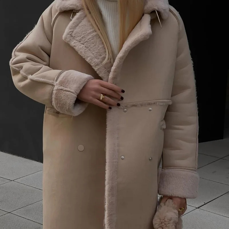 Winter European And American Fur Suede Coat Suit Collar Long Cardigan Sleeved Plush Womens Warm Top 241104