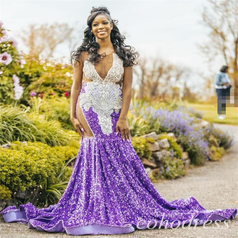 Luxury Purple Prom Dresses For Black Girls Rhinstone Crystal Mermaid Sequin Evening Gowns Plus Size Women Birthday Party Gowns Pageant Vestio De Noche