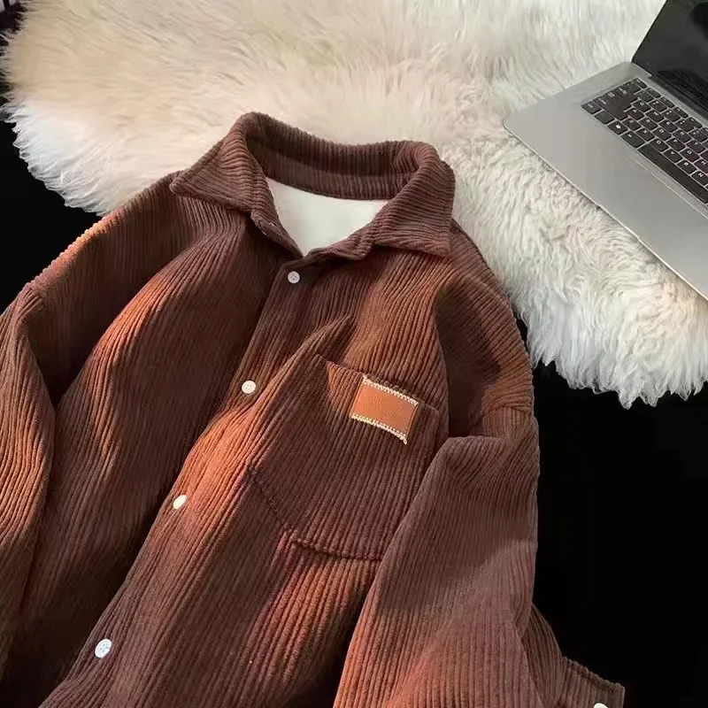 Autumn Winter Lambswool Shirt Jacket Men Warm Polo Neck Button Casual Pocket Vintage Fashion Men Winter Jacket 241106