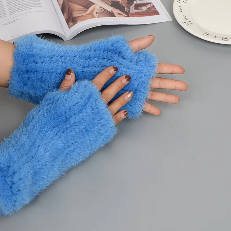 2024 High Quality Womens 100% Winter Warmth Genuine Mink Knitted Half Finger Gloves 241106