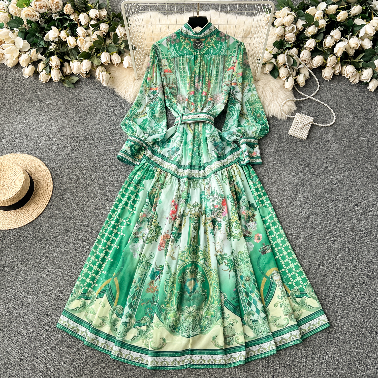 Urban Sexy Dresses 2025 Bohemian Chiffon Green Maxi Dress Women's Stand Long Lantern Sleeve Single Breasted Wer Print Belt Holiday Robe Vestidos