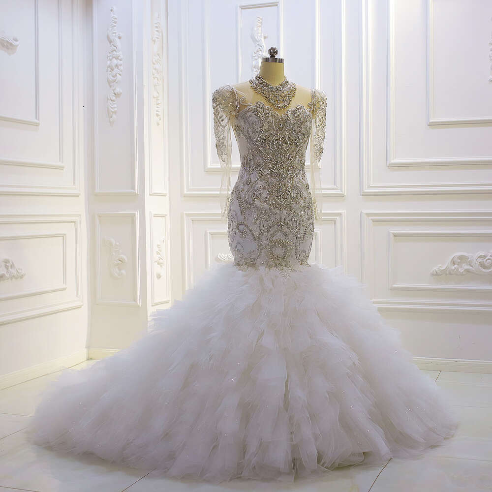 Heavy Beading High Neck Long Sleeve Ruffles Mermaid Wedding Dress