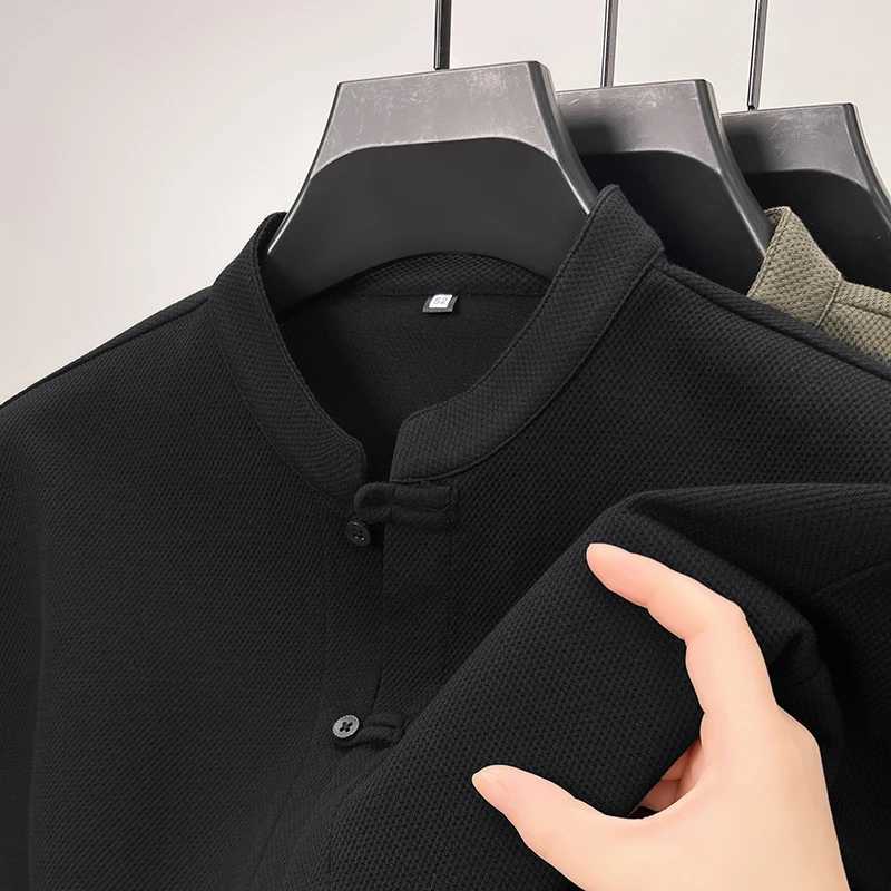 High quality long Sved mens stand up collar shirt with Chinese style design and customized button down T-shirt W241106
