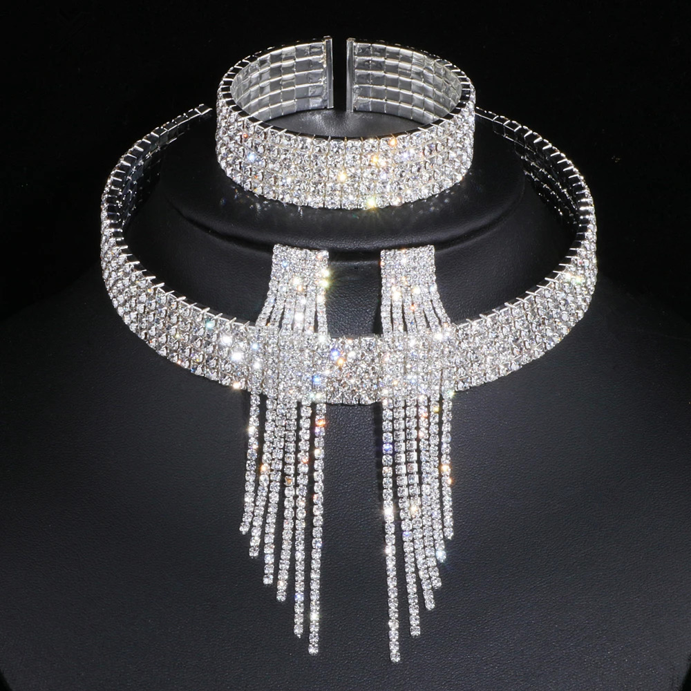 Classic Elegant Tassel Crystal Bridal Jewelry Set African Water Diamond Wedding Necklace Earrings Bracelet Set WX081 241106