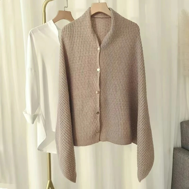 Warm Knitted Plain Color Scarf Thick Single Breasted Wool Shawl Wrap Women Cape Open Side Woven Cardigan Poncho Stole 241105