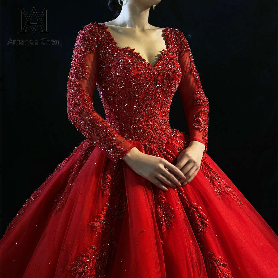 robe femme Lace Applique Crystal Sweetheart Red Wedding Dress