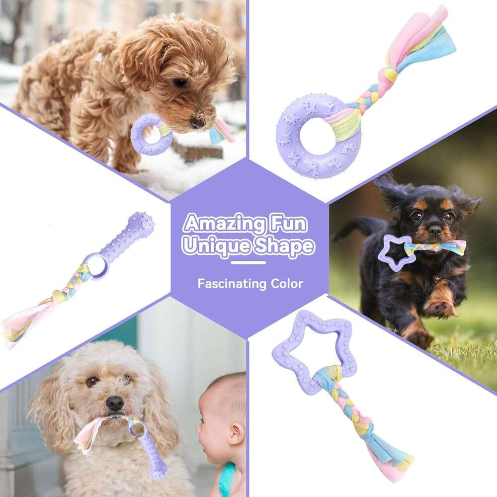 Petcare 6 Pack Cute Purple Chew Toys for Puppies 0-6 Months, Soft Rubber Rope Dog Teething Best Small Toys, Puppy Essentials Supplies