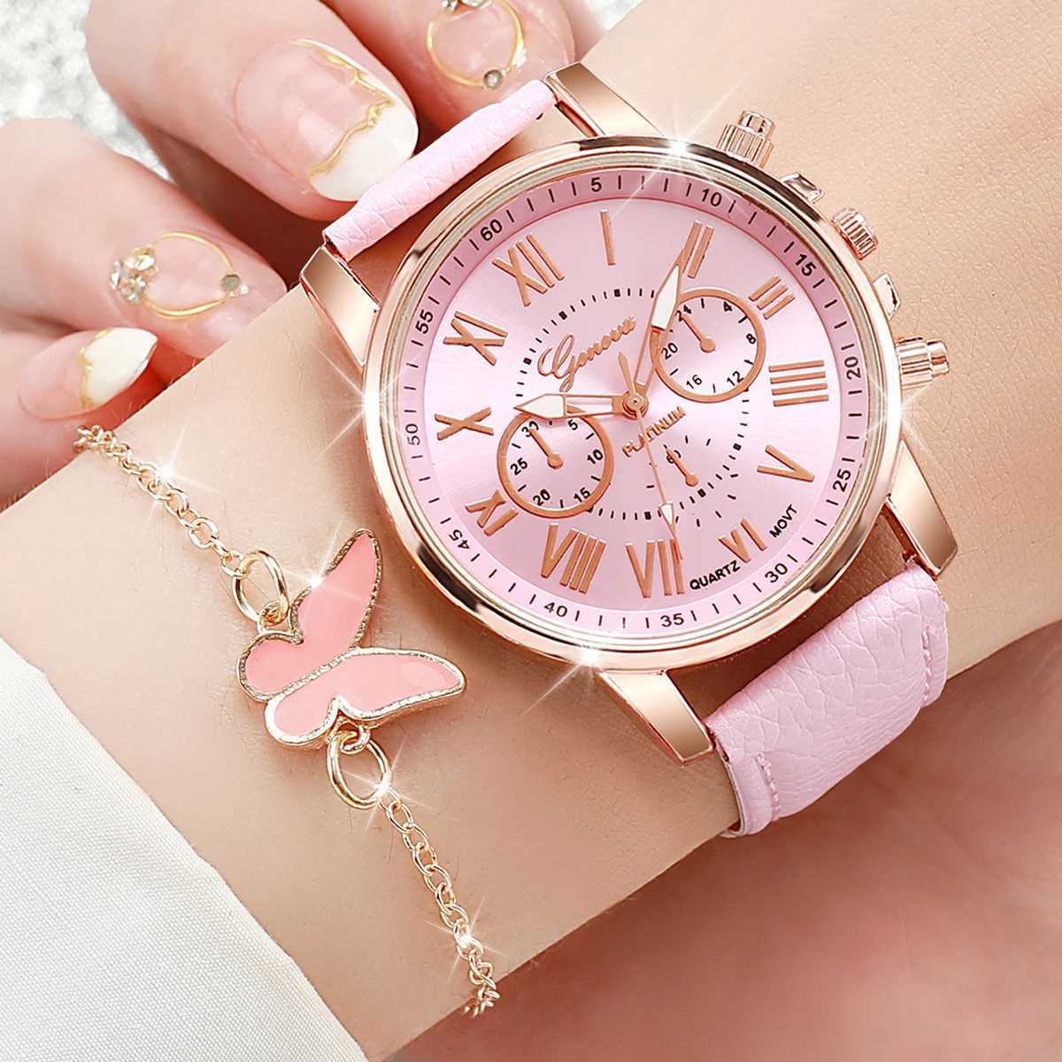 5 pieces/set of Geneva watches fashionable leather straps quartz watches jewelry sets (without boxes) X241106