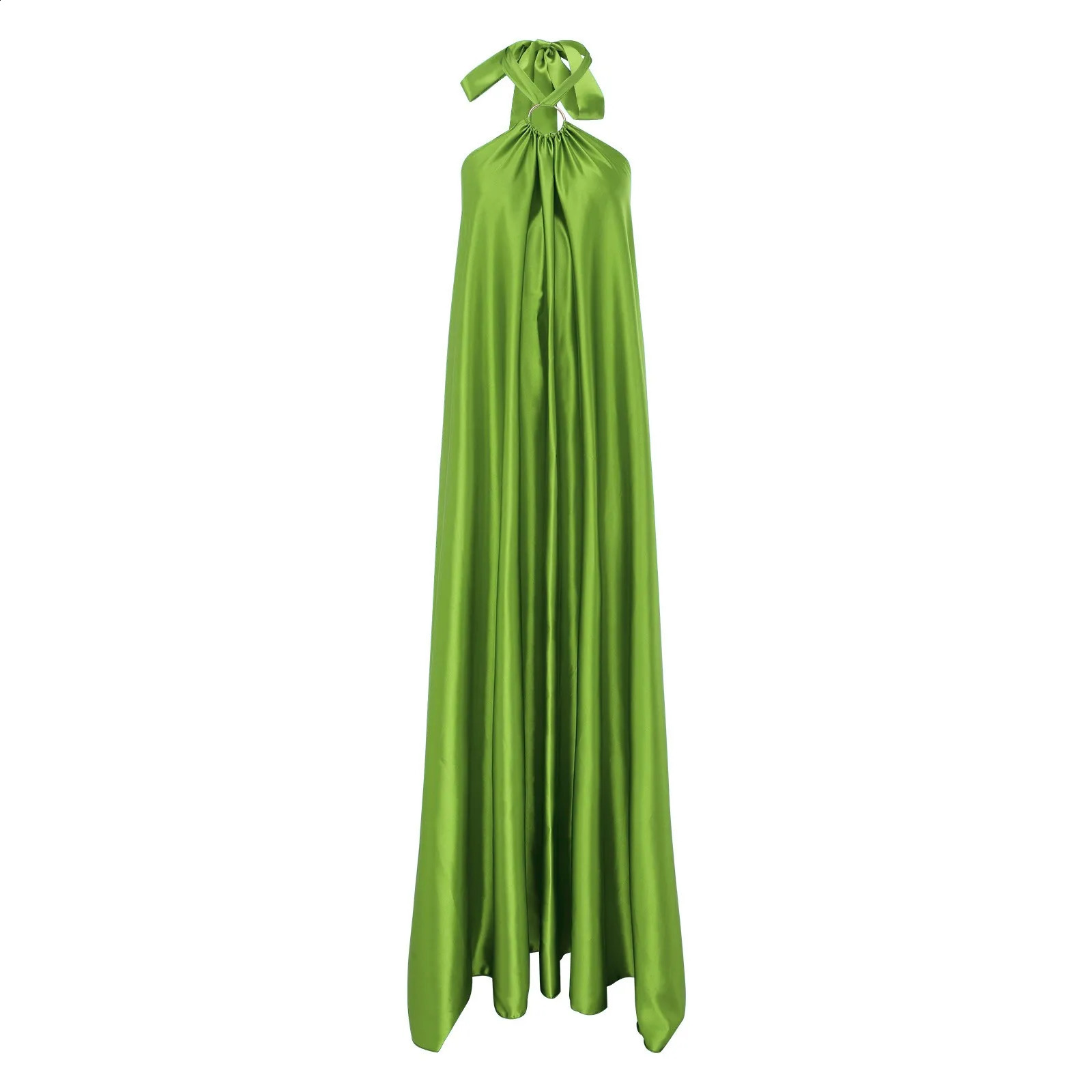 Halter Neck Satin Dresse Outfits Summer Sexy Sleeveless Side Slit Flowy Plead Long Dress Female Formal Occasion 240327