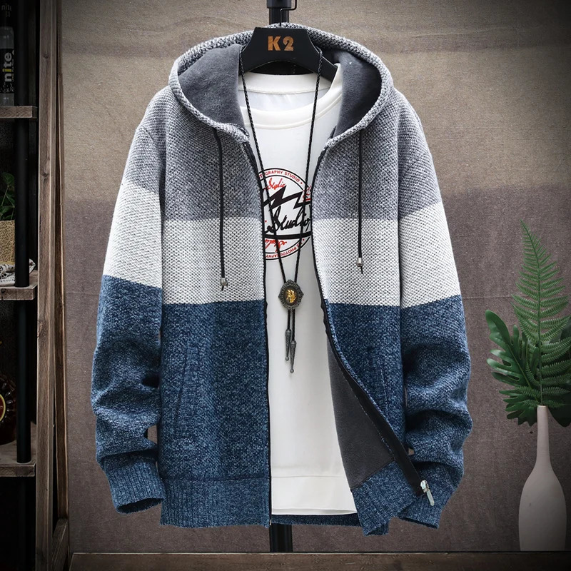 2025 Winter Men Sweater Add Velvet Cardigan Patchwork Color Stand Collar Male Casual Zipper Knitted Thick Warm Sweatercoat 241106