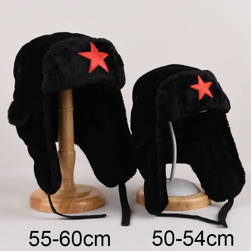 Boys Winter Hat Red Star Label Pilot Ski Bomber Hat Parents Children Hunter Earrings Black Russian Hat Fluffy Faux Artificial Fur 241106
