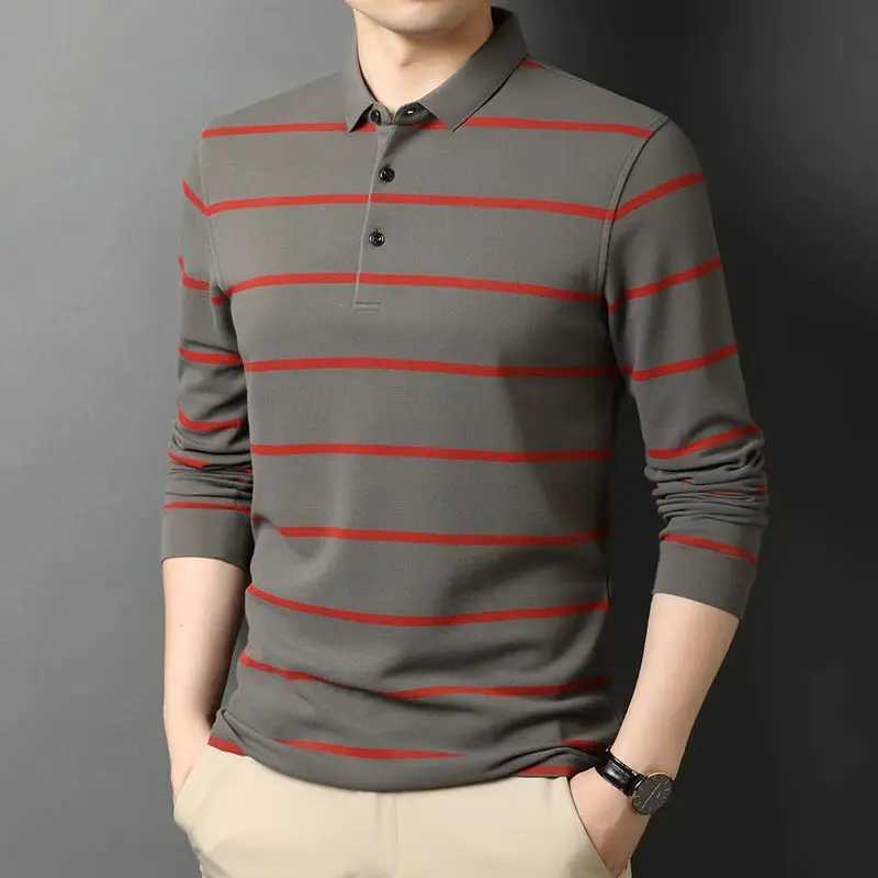 Fashion Mens Cotton Long Sv Shirt Spring and Autumn New Mens T-shirt Collar Basic Loose Casual Stripe Top 2022 W241106