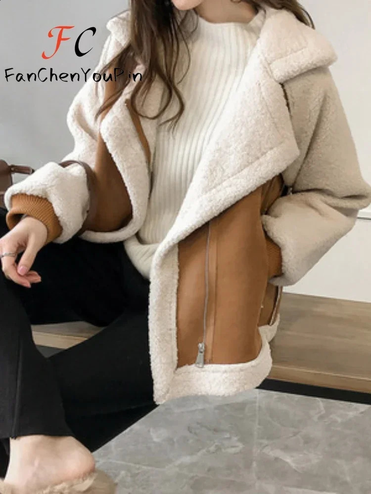 Womens Coat Autumn Winter Loose Big Lapel Lambswool Covered Button Jacket Fashion Casual Faux Fur Soft Warm Coats Women 241105