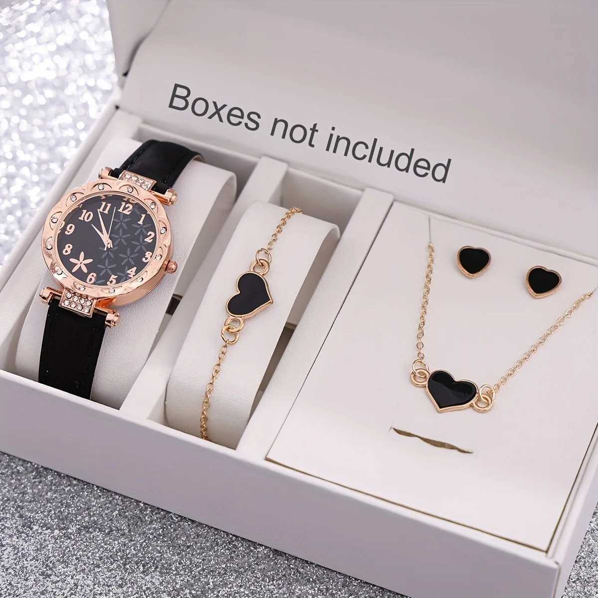 5 quartz watches for Wenpu leather watch black jewelry set perfect gift for her M girlfriend X241106