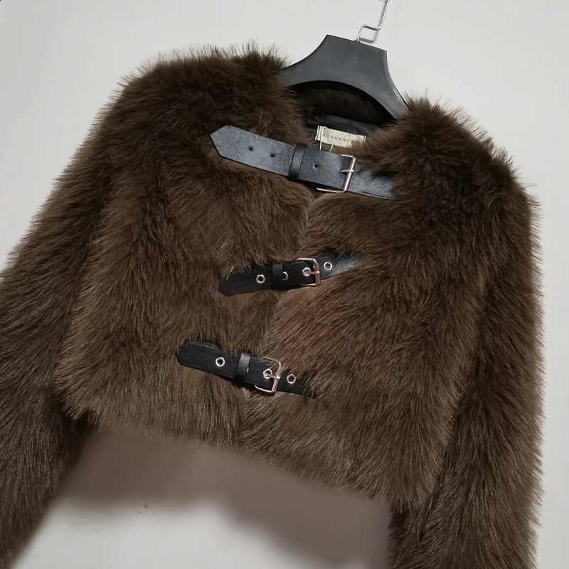 Environmentally Friendly Faux Fur Coats Women Winter Fall Short Cut Long Sleeves Belt Buttons Thick Warm Lady 241104