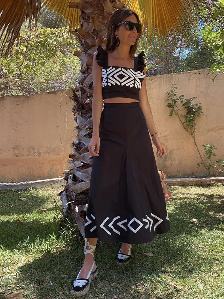 Fashion Print Skirt Suit Dres Spaghetti Strap Sleeveless Crop Top 2 Piece Set 2024 Spring Summer Lady Beach Outfits 240402