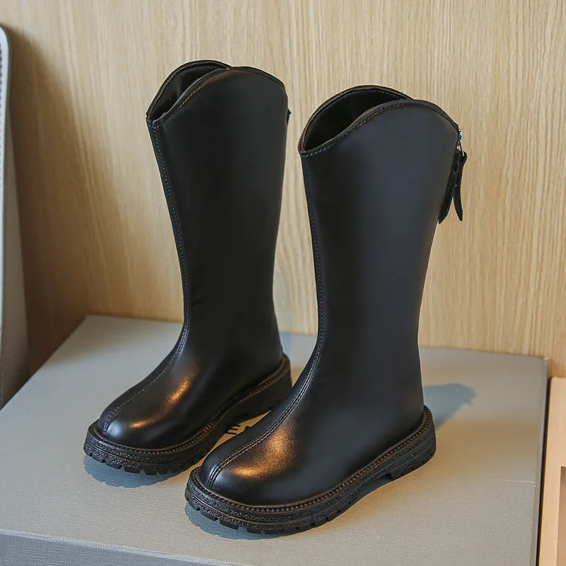 Long Boots for Girls and Children Winter Long Leather Boots Princess Foreign Girls Plus Cashmere Shoes 241106
