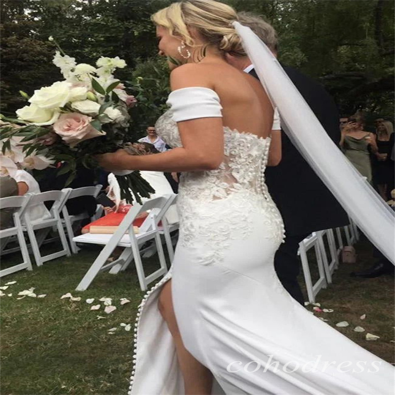 Fariy Boho Wedding Dresses With Slit Off Shoulders Farm Country Garden Bridal Gowns 2025 Gatsby Bohemian Satin Sweep Train Vestio De Novias