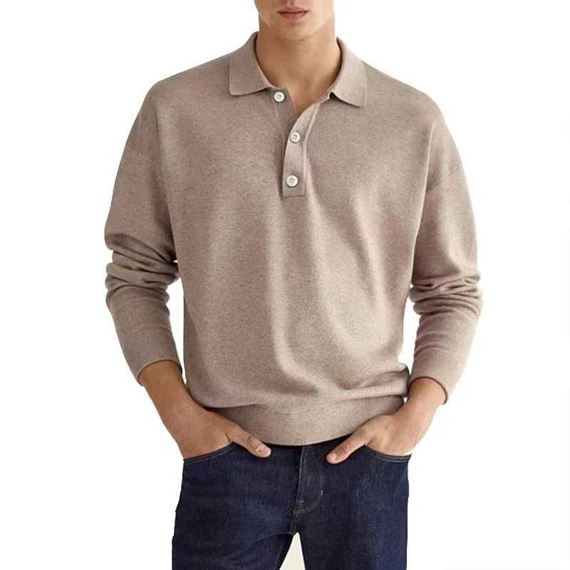 Mens long Sve shirt solid color lapel button office Comter business casual latte fashion sports T-shirt S-3XL W241106