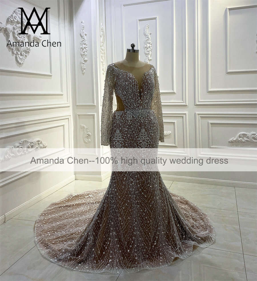 Popular Long Sleeve Beading Champagne Mermaid African Wedding dress