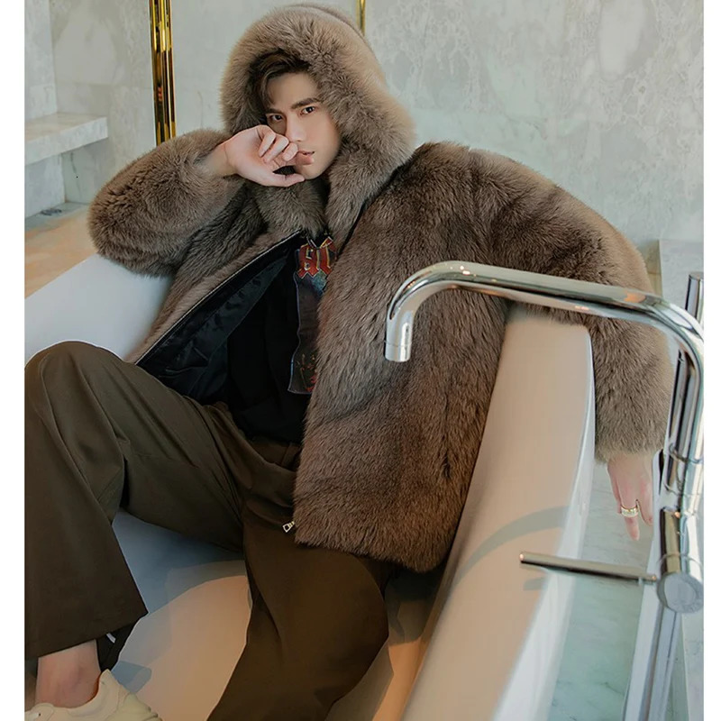 Fur coat mens fox fur short jacket autumn/winter warm wool coat mens leather hooded casual jacket 241106