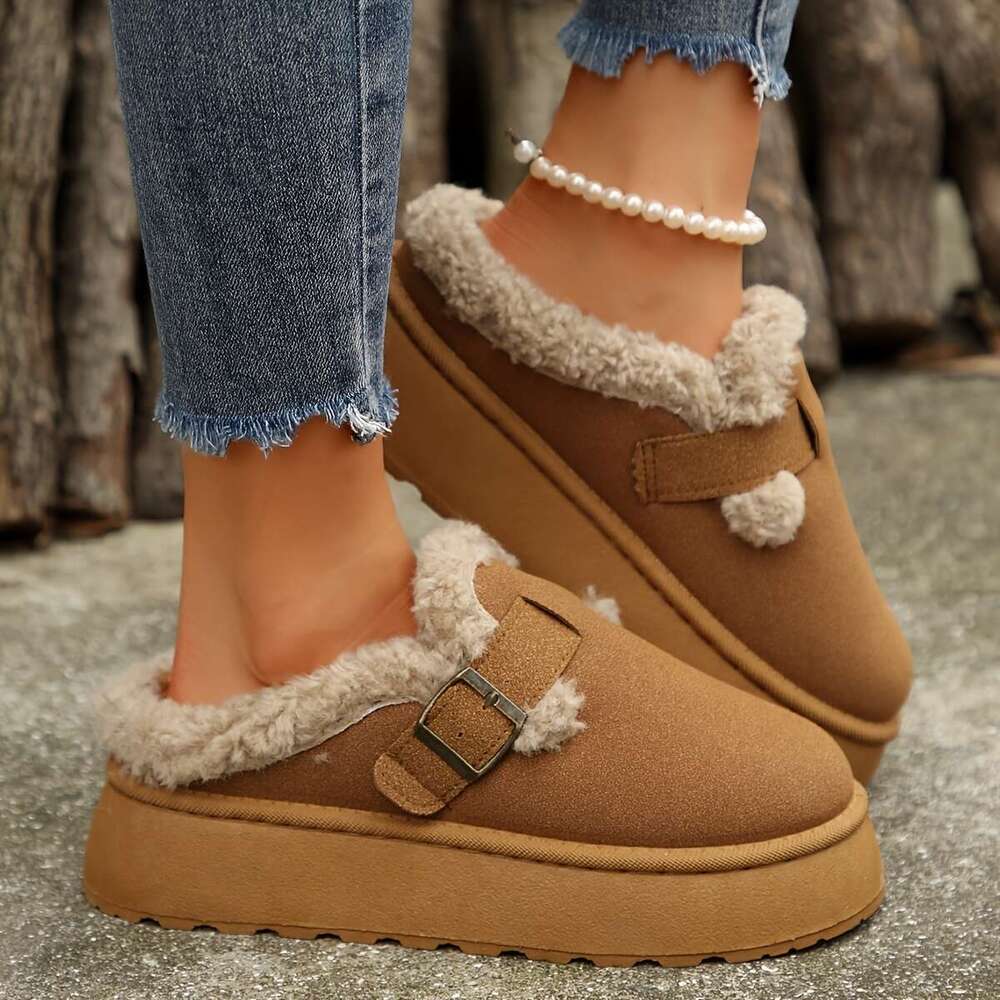 Cozy Plush ed Ankle Boots Soft Solid Color Design, Comfortable Buckle Strap, Warm Winter Shoes Women - Perfect for Cold Weather, Casual Daily Wear