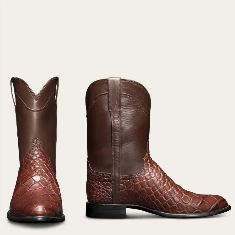 Vintage Western Cowboy New Large Size Fashion High-End Workwear Mens Pattern Mid Toe Boots 241105
