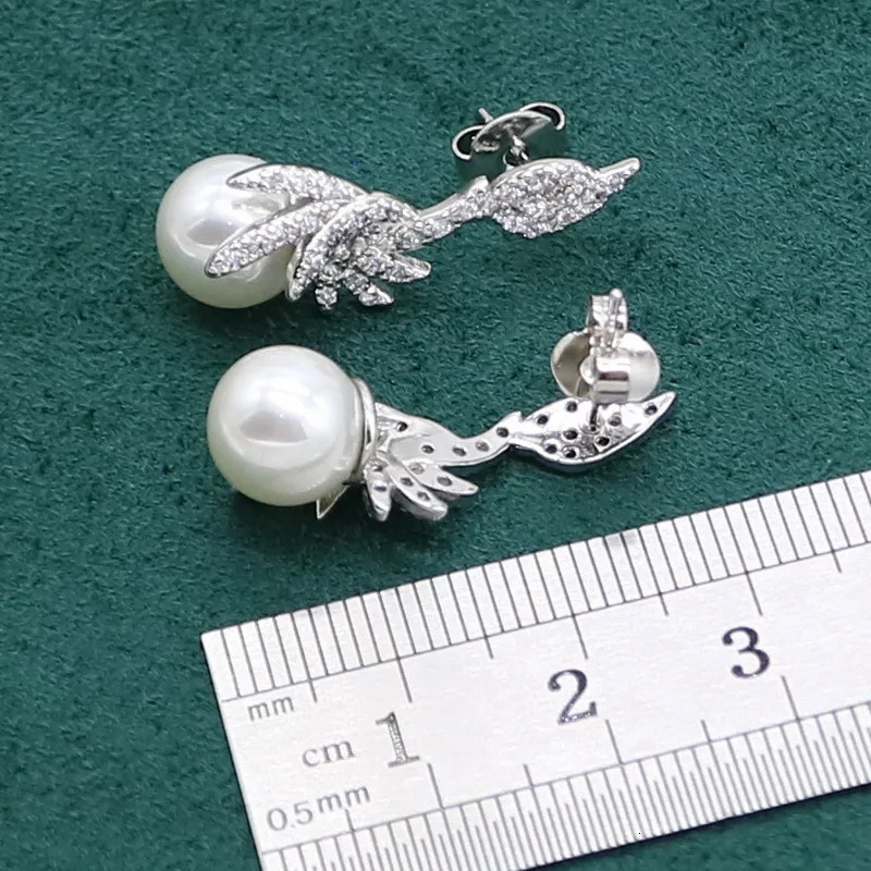 Charming white pearl 925 womens silver jewelry set zircon bracelet earrings necklace rings 241106