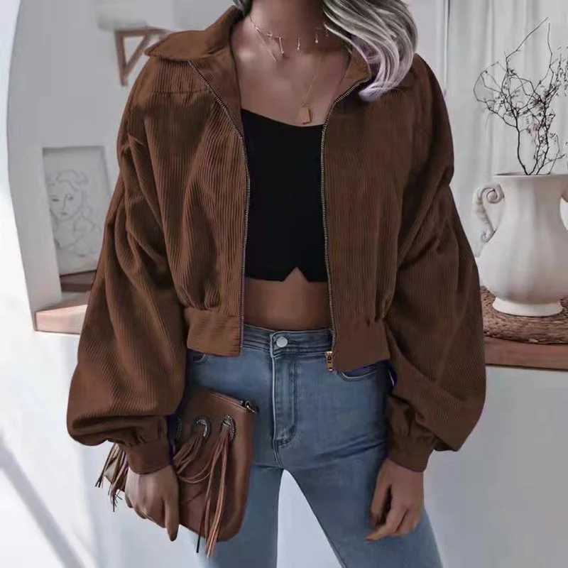 casual Brown Lamb Wool Corduroy Jacket with Fur Collar Thick Velvet Jacket Vintage Winter Warm Outerwear Long Sleeve Women CoatX241018