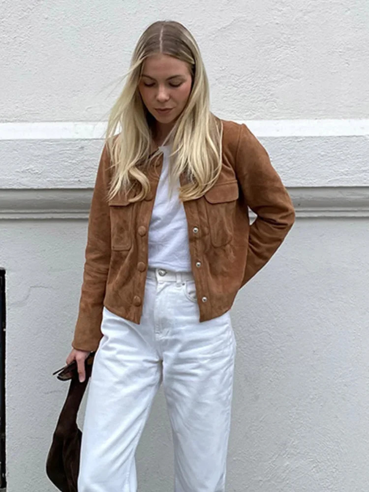 Fashion Brown Slim Fit Suede Short Jackets Womens Vintage Single Breasted Long Sleeves Cropped Coats Chic Lady Autumn Outerwear 241106