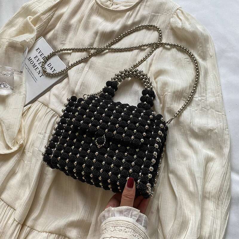 Designer Bag Black Small Square Bag Tote Women 2024 Summer Beading Handmde Handbag Phone Bag Coin Purse Vintage Pearl Shoulder Crossbody Bag