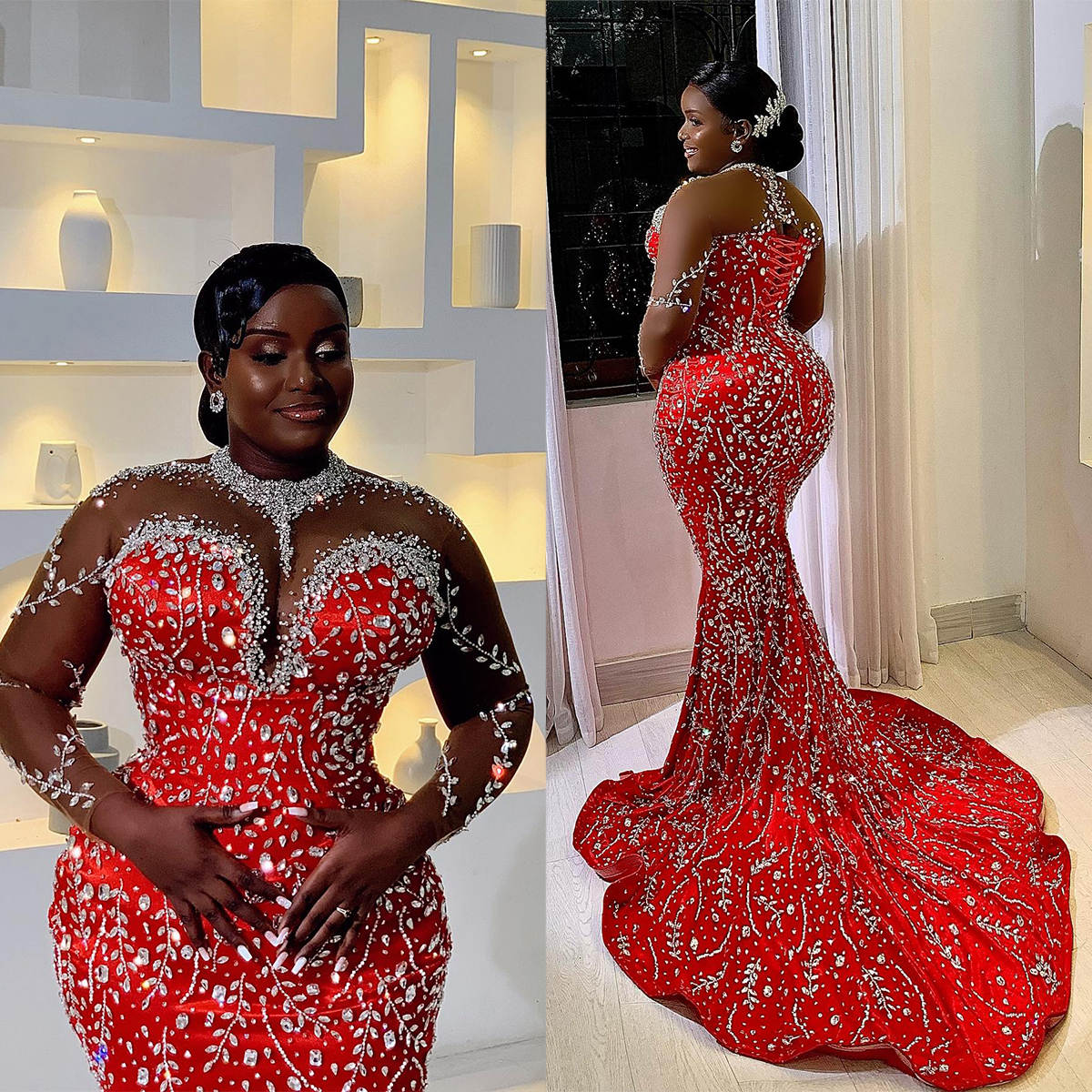 Luxury Plus Size Mermaid Wedding Dress Beaded Crystal O Neck Bride Gowns Sweep Train Illusion Bridal Dresses Customized