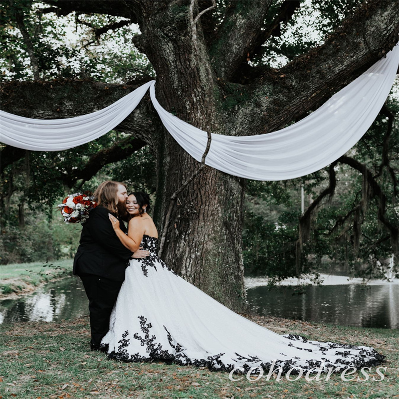 Glitter Gothic Wedding Dresses Black And White Sweetheart A Line Church Country Bridal Gowns Plus Size Appliques Lace Elegant Forest Bride Dress Vesti