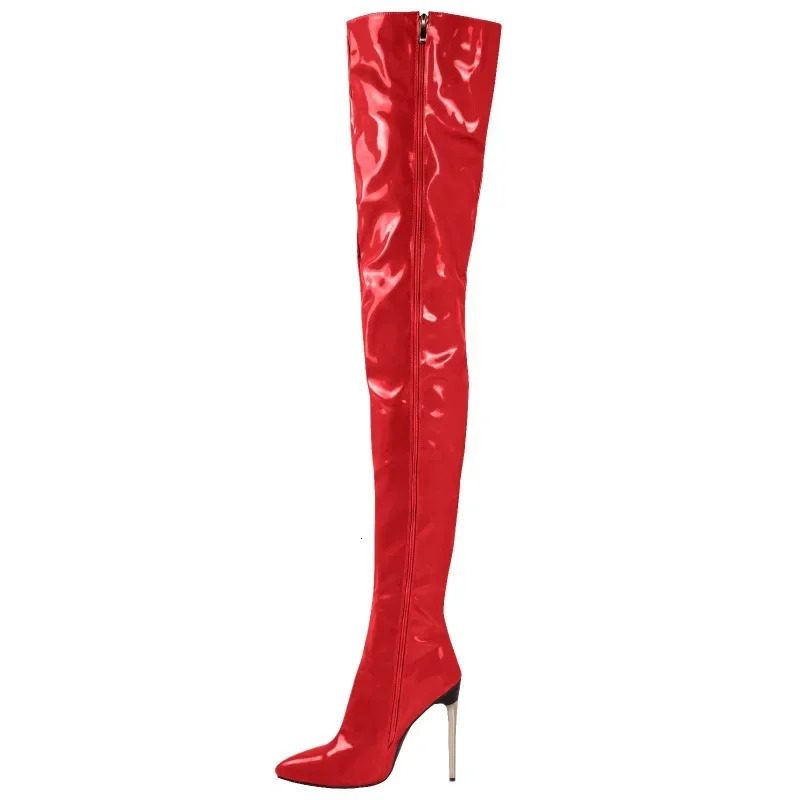Sexy Point Toe High Boots 12cm Metal Stiletto High Heels Womens Patent Leather Set Party Boots Knee High Boots Plus 47 48241106